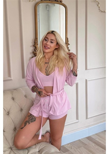 Pembe Dublin Büstiyerli Sabahlıklı Kadın Pijama Takımı modelleri