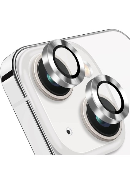 15 ve iPhone 15 Plus Kamera Camı Lens Koruyucu Halka Set - Gümüş Silver