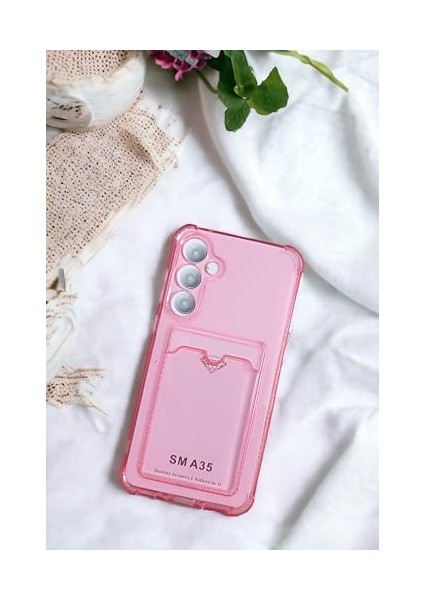Samsung Galaxy A35 Kılıf Kartlıklı Köşe Koruma Tasarımlı Renkli Şeffaf G-Kart Kılıf (Pembe)