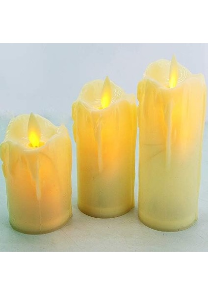 3'lü Romantik LED Işıklı Pilli Gerçekci Yapay 7-9-11 cm Set Mum, Beyaz