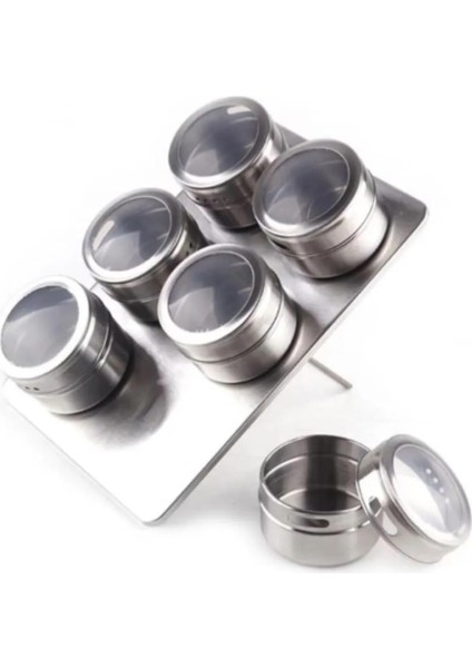 Manyetik Baharatlık Seti, Paslanmaz Çelik 6 Baharat Kavanozu ve Metal Stand, Şeffaf Kapaklı, Mıknatıslı ve Dayanıklı Tasarım, Duvar ve Buzdolabına Monte Edilebilir (Dikdörtgen)