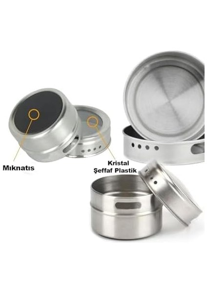 Manyetik Baharatlık Seti, Paslanmaz Çelik 6 Baharat Kavanozu ve Metal Stand, Şeffaf Kapaklı, Mıknatıslı ve Dayanıklı Tasarım, Duvar ve Buzdolabına Monte Edilebilir (Dikdörtgen)