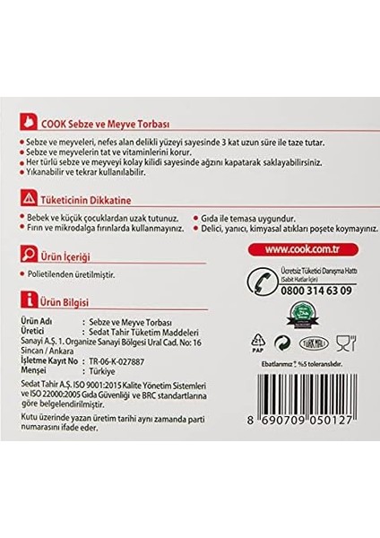 Kilitli Sebze Meyve Torbası, Büyük Boy 25 x 29 cm (5 Adet/kutu Içi)