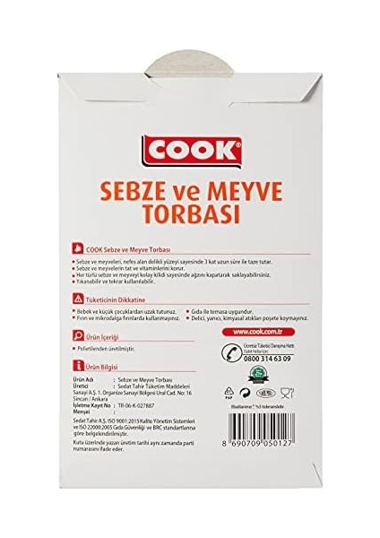 Kilitli Sebze Meyve Torbası, Büyük Boy 25 x 29 cm (5 Adet/kutu Içi)
