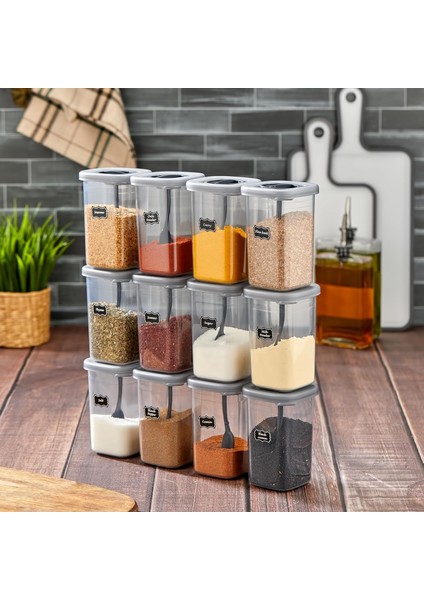12LI 450ML Kilitlenebilir Kapaklı Kendinden Kaşıklı Baharatlık Seti 450ML - 55 Adet Etiket Hediyeli
