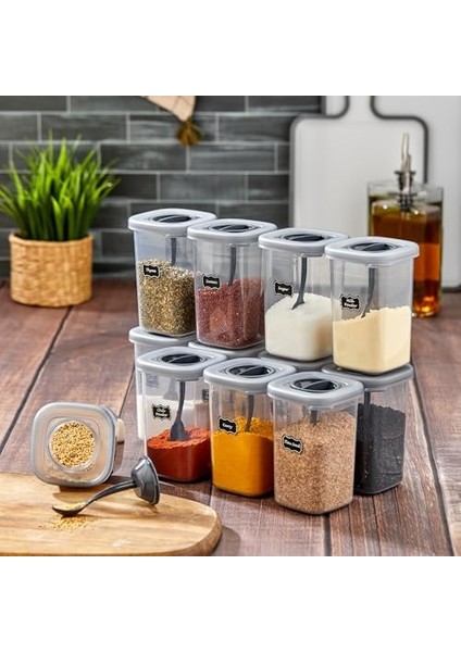 12LI 450ML Kilitlenebilir Kapaklı Kendinden Kaşıklı Baharatlık Seti 450ML - 55 Adet Etiket Hediyeli