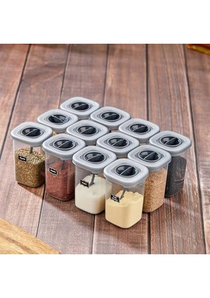 12LI 450ML Kilitlenebilir Kapaklı Kendinden Kaşıklı Baharatlık Seti 450ML - 55 Adet Etiket Hediyeli