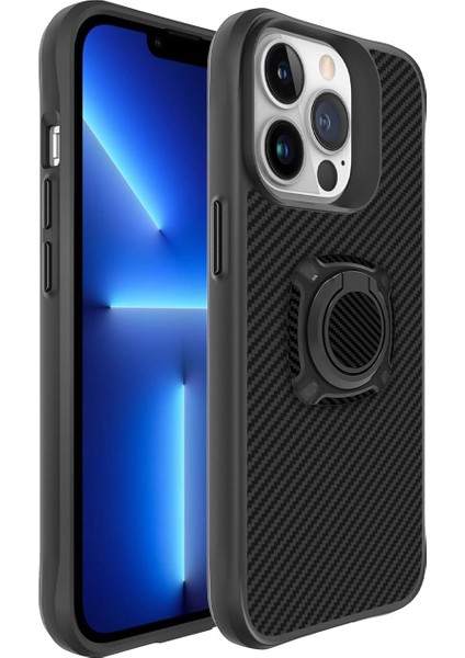 Apple Iphone 13 Pro Kılıf Ultra Korumalı Karbon Desenli Yüzüklü Timo Kapak Siyah