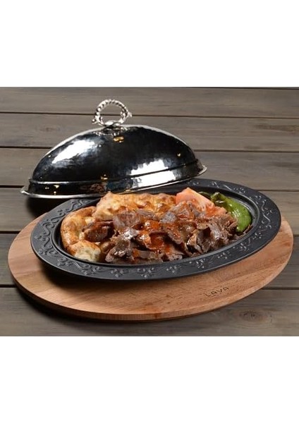 Döküm Oval Döner, Kebap Tabağı Kayın Servis Ahşabı ve Bakır Dövme Formlu Kapak Ölçü 28 x 20 cm .