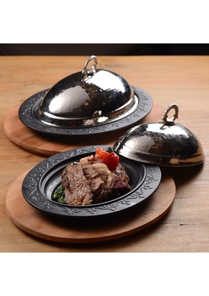 Döküm Oval Döner, Kebap Tabağı Kayın Servis Ahşabı ve Bakır Dövme Formlu Kapak Ölçü 28 x 20 cm .