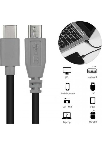 Type-C To Mikro USB Kablosu, USB Tip C - Mikro USB Otg Kablosu Erkek - Erkek Şarj Veri Iletimi, 1 Metre Kablo (ZR797-1M Kablo)