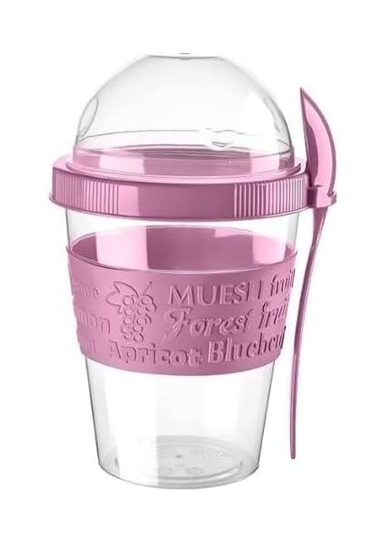 Kaşıklı Yoğurt Kabı, Hazırla Çık Yoğurt Kabı, Granola Müsli Kabı 600 ml (Pembe)