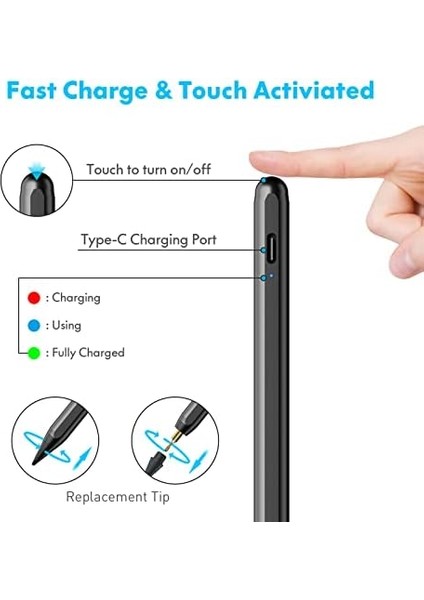 IPAD(2018-2024) Için Stylus Kalem,ipad Pro 11/13 Inç M4,ipad Air 11/13 Inç M2,ipad 10/9/8/7/6,ipad Air 5/4/3,ipad Pro 11/12.9",ipad Mini 6/5 Için Eğim Sensörlü Avuç Içi Reddi Aktif Stylus Kalem