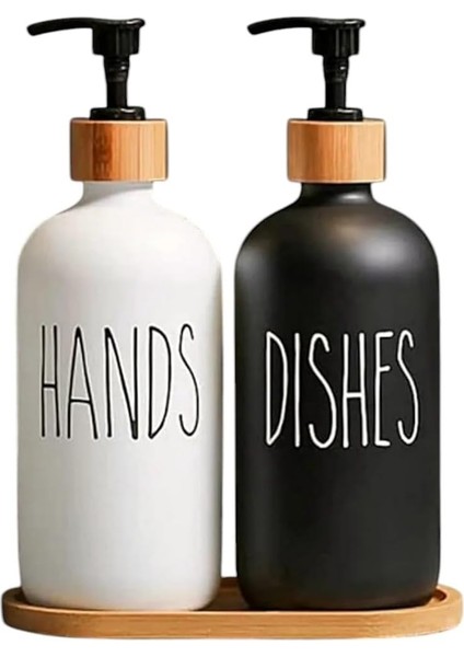 Hands Dishes Siyah Beyaz Dekoratif Mutfak Banyo Sıvı Cam Sabunluk Seti 500ML Bambu Stantlı Set