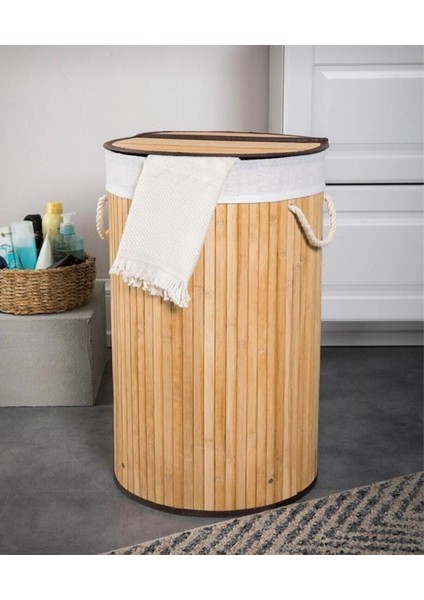 Home Doğal Bambu Katlanabilir Kirli Çamaşır Sepeti, Yıkanabilir Çıkarılabilir Astar Torbalı, Sele Görünümlü Şık ve Dayanıklı Çamaşır Sepeti, Kapaklı ve Ergonomik Tasarım (Yuvarlak)