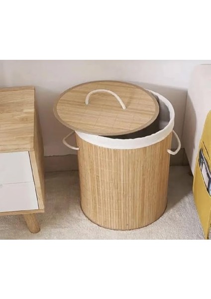 Home Doğal Bambu Katlanabilir Kirli Çamaşır Sepeti, Yıkanabilir Çıkarılabilir Astar Torbalı, Sele Görünümlü Şık ve Dayanıklı Çamaşır Sepeti, Kapaklı ve Ergonomik Tasarım (Yuvarlak)