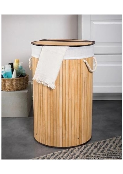 Home Doğal Bambu Katlanabilir Kirli Çamaşır Sepeti, Yıkanabilir Çıkarılabilir Astar Torbalı, Sele Görünümlü Şık ve Dayanıklı Çamaşır Sepeti, Kapaklı ve Ergonomik Tasarım (Yuvarlak)