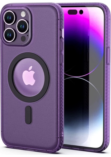 Iphone 14 Pro Için Sapphire Serisi Magsafe ile Uyumlu Arkası Mat Sert Polikarbonat Kenarları Içerden Safir Kesim Işlemeli Silikon Premium Kılıf (Safir Silikon - Mor)