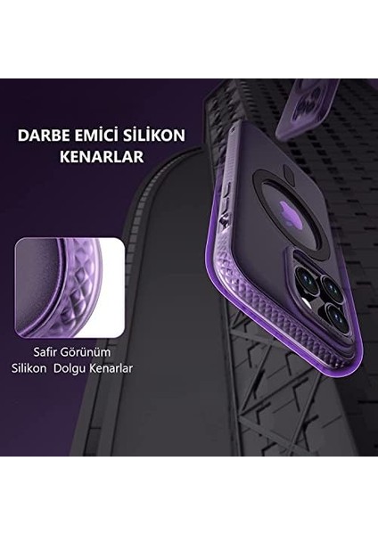 Iphone 14 Pro Için Sapphire Serisi Magsafe ile Uyumlu Arkası Mat Sert Polikarbonat Kenarları Içerden Safir Kesim Işlemeli Silikon Premium Kılıf (Safir Silikon - Mor)