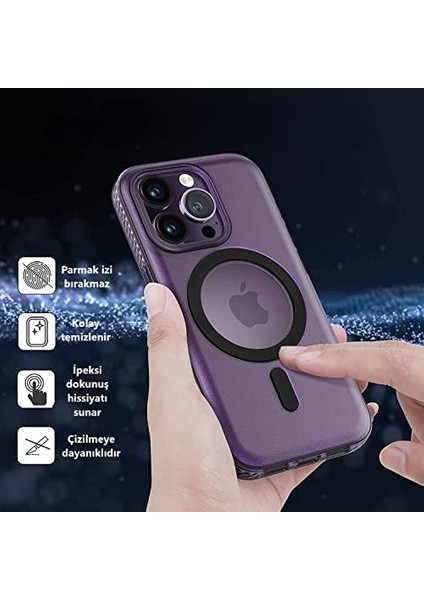 Iphone 14 Pro Için Sapphire Serisi Magsafe ile Uyumlu Arkası Mat Sert Polikarbonat Kenarları Içerden Safir Kesim Işlemeli Silikon Premium Kılıf (Safir Silikon - Mor)