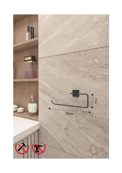 Banyo Yapışkanlı Siyah Kare Topuz Havluluk ve Kare Tuvalet Kağıtlık Kare Peçetelik Seti Düzenleyici