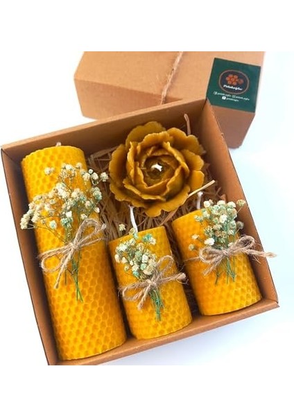Balmumu Mum Dekoratif Hediye Kutusu 4 Lü Set Doğal Petek Beeswax Candle Açmış Gül (Yeşil Krem Süslemeli Açmış Gül)
