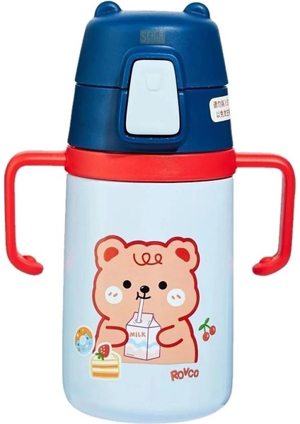 400ML Silikon Pipetli Sevimli Ayıcıklı Boyun Askılı Bebek Kulplu Paslanmaz Çelik Termos (Lacivert)