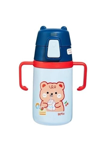 400ML Silikon Pipetli Sevimli Ayıcıklı Boyun Askılı Bebek Kulplu Paslanmaz Çelik Termos (Lacivert)