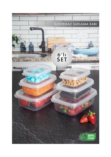 Home Un 6 Lı Set Nare Dikdörtgen Sızdırmaz Hava Almaz Erzak Saklama Kabı Şeffaf