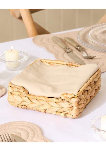 El Yapımı Örme Doğal Su Sümbülü Hasır Peçetelik (19 * 19 * 7cm) - Yemek Masası Üstü Kağıt Peçetelik Doğal Geri Dönüşümlü.