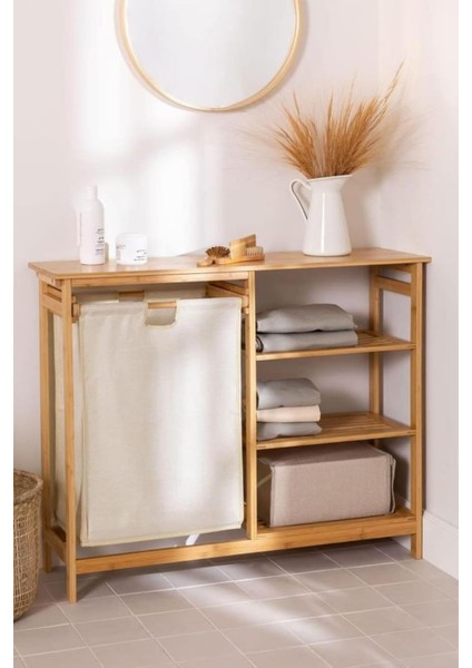 Bambu 3 Raflı 1 Bölmeli Kirli Sepetli Banyo Düzenleyici Çamaşır Sepeti Organizer DB-0008