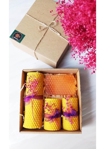 Doğal Petek Balmumu Mum ve Ballı Sabun Seti Kraft Kutuda Bal Mumu Sarma Mum Beeswax Candle Hazır Hediye Kutusu