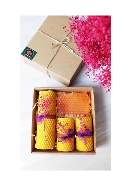 Doğal Petek Balmumu Mum ve Ballı Sabun Seti Kraft Kutuda Bal Mumu Sarma Mum Beeswax Candle Hazır Hediye Kutusu