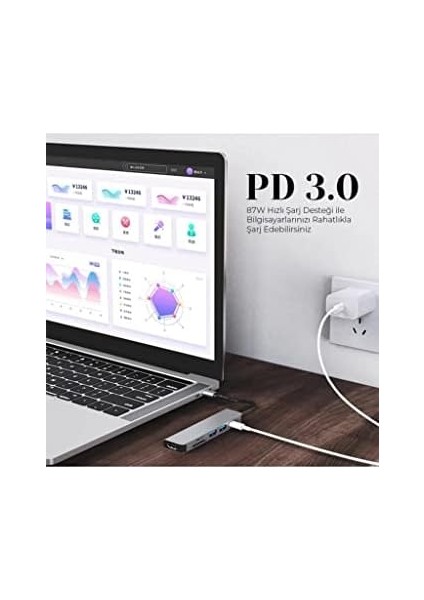8in1 USB Type-C Hub Port Adaptör HDMI USB Ethernet Pd Girişli, Gri