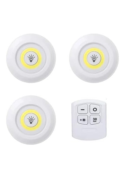 LED Işık Kablosuz Uzaktan Kumandalı Dolap Içi LED Ampul Seti 3lü Set Gece Lambası Spot Lamba