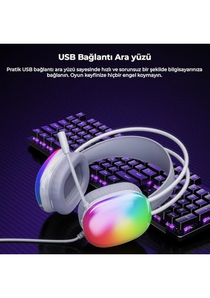 HT409 USB Kablolu Rgb LED Aydınlatmalı Mikrofonlu Kulak Üstü Gaming Kulaklık Beyaz (Beyaz)