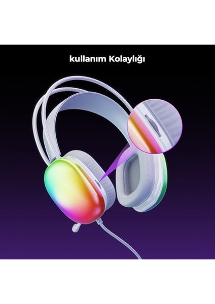 HT409 USB Kablolu Rgb LED Aydınlatmalı Mikrofonlu Kulak Üstü Gaming Kulaklık Beyaz (Beyaz)
