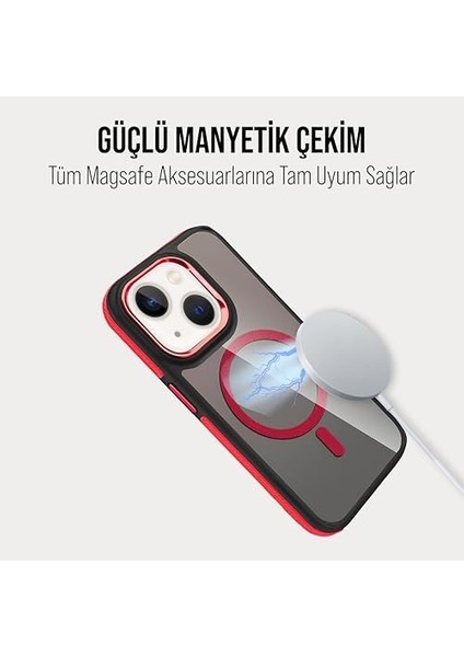 iPhone Magsafe ile Uyumlu Askeri Sınıfta Koruma Sararma Önleyici Çizilmeye Dirençli Sırt Manyetik Telefon Kılıfı (Kırmızı, iPhone 13/14)