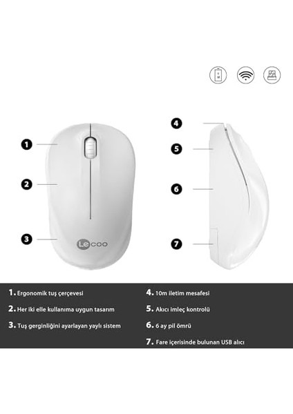 WS206 Kablosuz 1200DPI 3 Tuşlu Sessiz Pc, Mac, Dizüstü Bilgisayar Için, USB Mini Alıcı ile Optik Mouse Beyaz