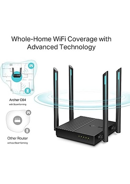 Archer C64, AC1200 Mbps, Mu-Mımo, 4 Gigabit Lan Bağlantı Noktası, Beamforming, Wpa3, Access Point Modu, Ebeveyn Denetimleri, Dual-Band Wi-Fi 5 Router