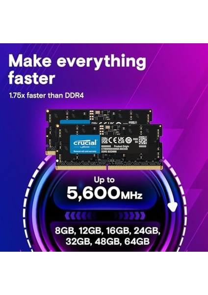 Ddr5 Ram 24GB Kit (2X12GB) 5600MHZ Sodımm, Dizüstü Bilgisayar/dizüstü Bilgisayar Için Bellek, Mini Pc, Yüksek Performanslı Ram (5200MHZ / 4800MHZ), CL46 - CT2K12G56C46S5