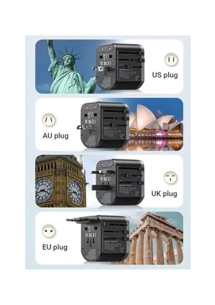 Seyahat Priz Dönüştürücü Adaptör, 45W Şarj Cihazı, 2x USB Girişi, 3x Type-C Girişi, Uluslararası Güç Adaptörü, Us, Uk, Eu, Au Evrensel Uyum