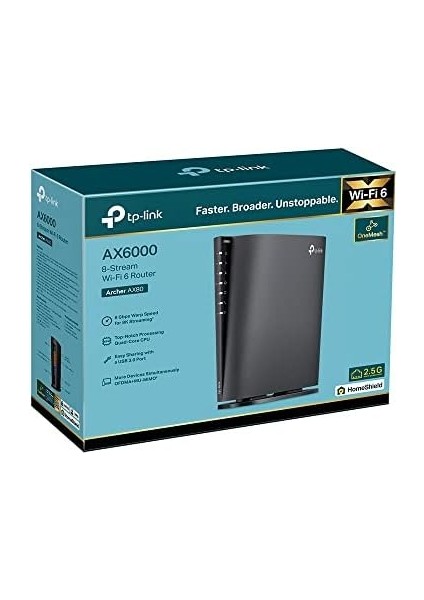 Archer AX80, AX6000 Mbps, 2.5gbps Ethernet Portlu, Fiber Destekli, 2.5g Gigabit Bağlantı Noktası, 160 Mhz Kanalı, Easymesh Uyumlu, Vpn Destekli, Homesheild, 8-Stream Wi-Fi 6 Router