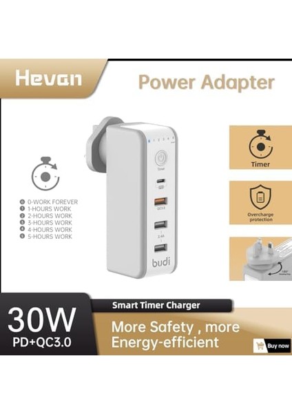 30 Watt PD18W Zaman Ayarlı USB Çıkışlı Priz 180 Derece Döndürülebilir Fiş Qc3.0 2.4A USB Çıkışlı M8J301TE