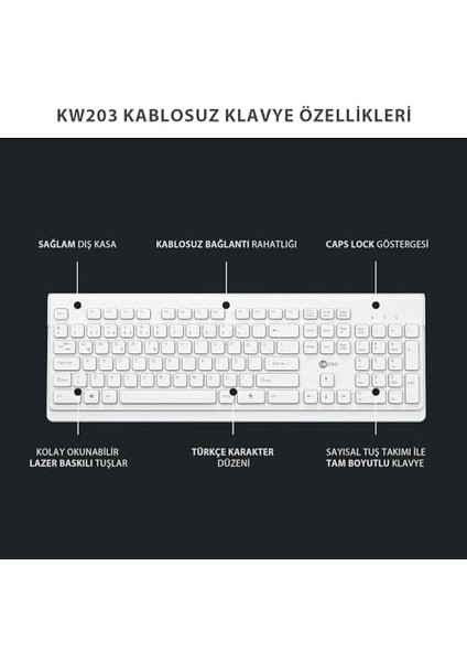 KW203 Kablosuz Türkçe Q Klavye & Mouse Set - Qwerty Türkçe Dizilim Klavye, 1600DPI Optik Fare, Win/mac Uyumlu, Sıvı Dökülmesine Dayanıklı, Tam Boyutlu Türkçe Q Klavye Mouse Seti Beyaz