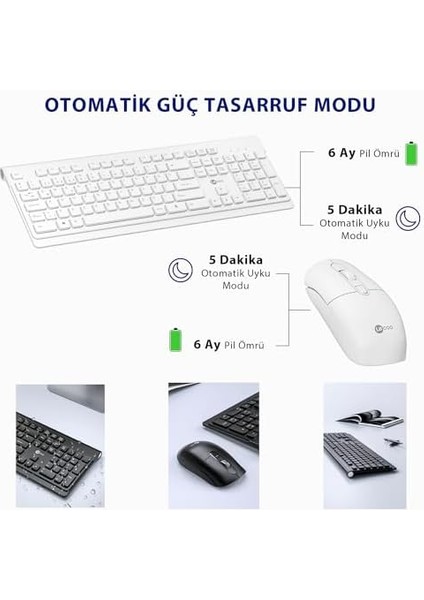 KW203 Kablosuz Türkçe Q Klavye & Mouse Set - Qwerty Türkçe Dizilim Klavye, 1600DPI Optik Fare, Win/mac Uyumlu, Sıvı Dökülmesine Dayanıklı, Tam Boyutlu Türkçe Q Klavye Mouse Seti Beyaz