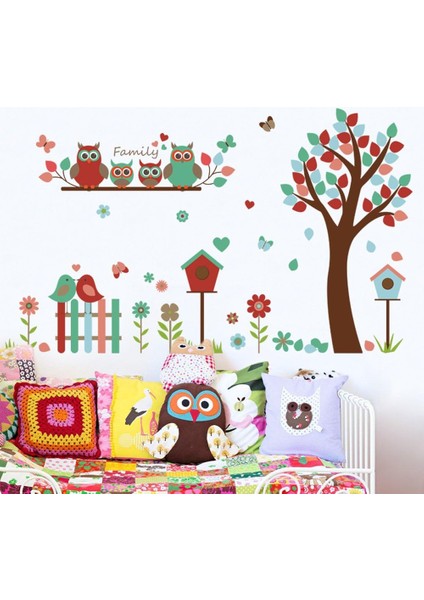 Sevimli Baykuş Aile & Çiçek Ağaç Çit Vogelbauer Yapıştırıcı Çıkarılabilir Duvar Çıkartması Duvar Dövmesi, Evde Kids Bebek Odası Çocuk Odası Dıy Dekoratif Sanat Duvar Çıkartması