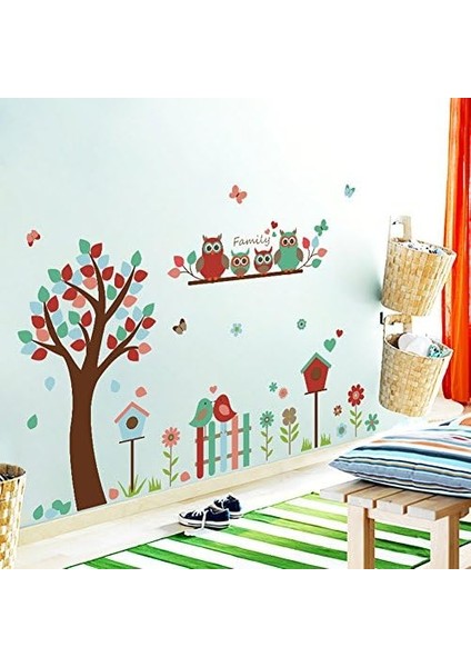 Sevimli Baykuş Aile & Çiçek Ağaç Çit Vogelbauer Yapıştırıcı Çıkarılabilir Duvar Çıkartması Duvar Dövmesi, Evde Kids Bebek Odası Çocuk Odası Dıy Dekoratif Sanat Duvar Çıkartması