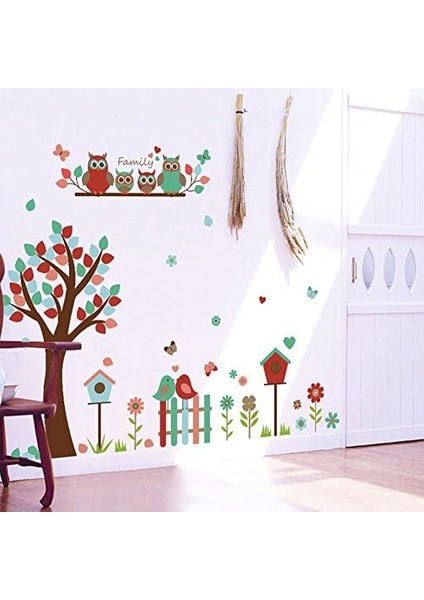 Sevimli Baykuş Aile & Çiçek Ağaç Çit Vogelbauer Yapıştırıcı Çıkarılabilir Duvar Çıkartması Duvar Dövmesi, Evde Kids Bebek Odası Çocuk Odası Dıy Dekoratif Sanat Duvar Çıkartması