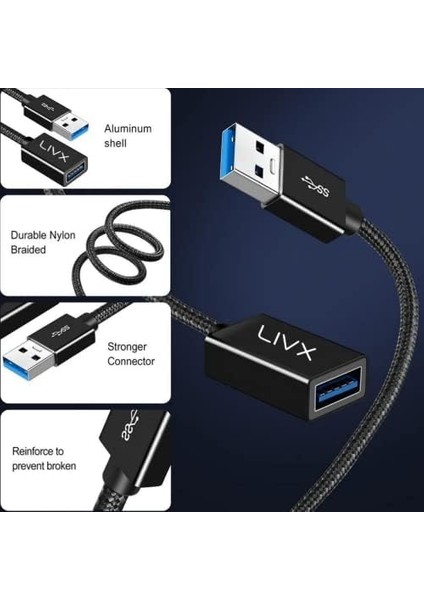 Rope 5gbps Hızlı Veri Aktarımı USB 3.0 Erkek Dişi Uzatma Kablosu Halat Örgülü (3 Metre)